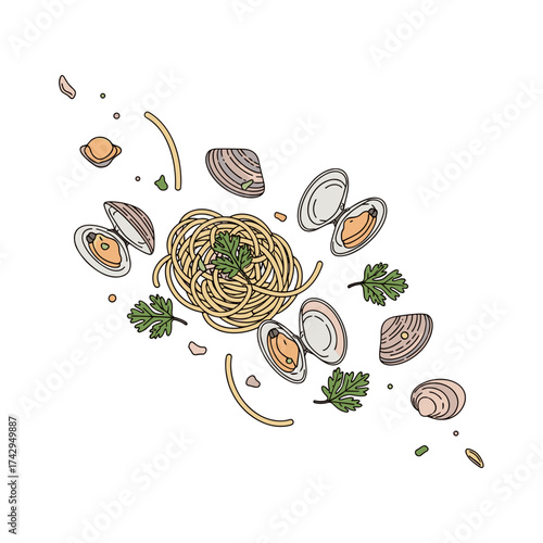 Hand drawn illustration of spaghetti with clams and parsley.