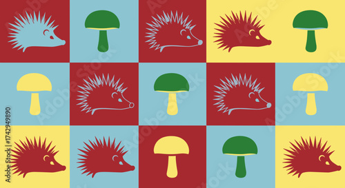Hedgehog and Mushroom Pop Art Pattern.