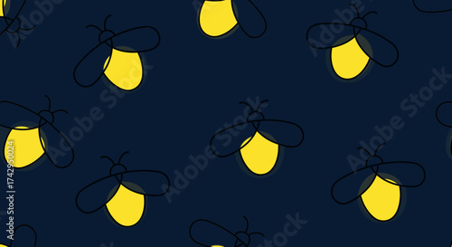 Seamless pattern of glowing fireflies on a dark night sky background.