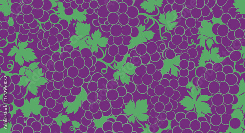 Seamless pattern of ripe purple grapes with green leaves a vibrant and fresh fruit design.