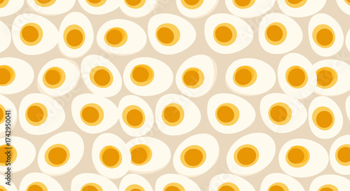 Seamless pattern of halved hardboiled eggs with vibrant orange yolks.