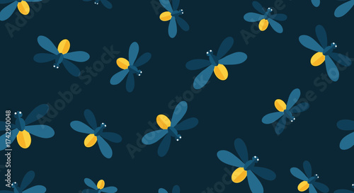 Seamless pattern of stylized fireflies with glowing yellow abdomens.
