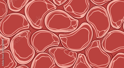 Seamless pattern of stylized raw red meat slices.