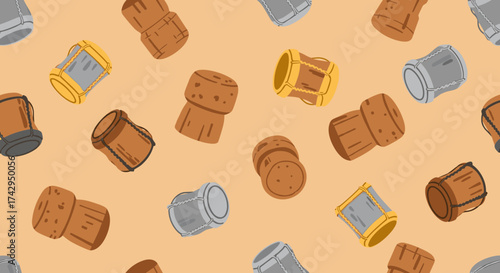 Seamless pattern of wine corks and bottle caps on a light orange background.