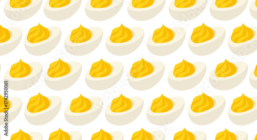 Seamless repeating pattern of delicious deviled eggs appetizer.