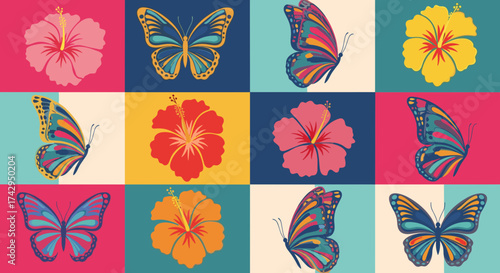 Vibrant Butterflies and Hibiscus Flowers.