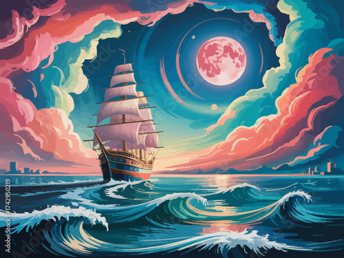 Majestic sailing ship on wavy sea under full moon colorful clouds artistic illustration seascape travel and adventure