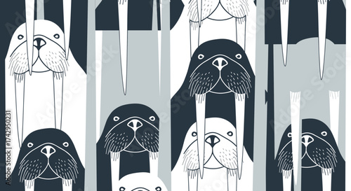 Walrus Herd Illustration with Stylized Marine Mammals.