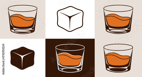 Whiskey glasses and ice cubes vector illustration set.