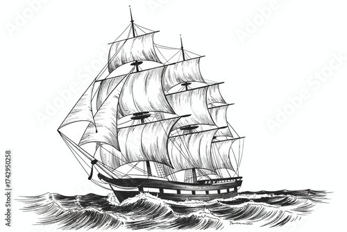 Majestic sailing ship illustration gliding across the ocean in black and white artistic rendition showcasing historical nautical vessel
