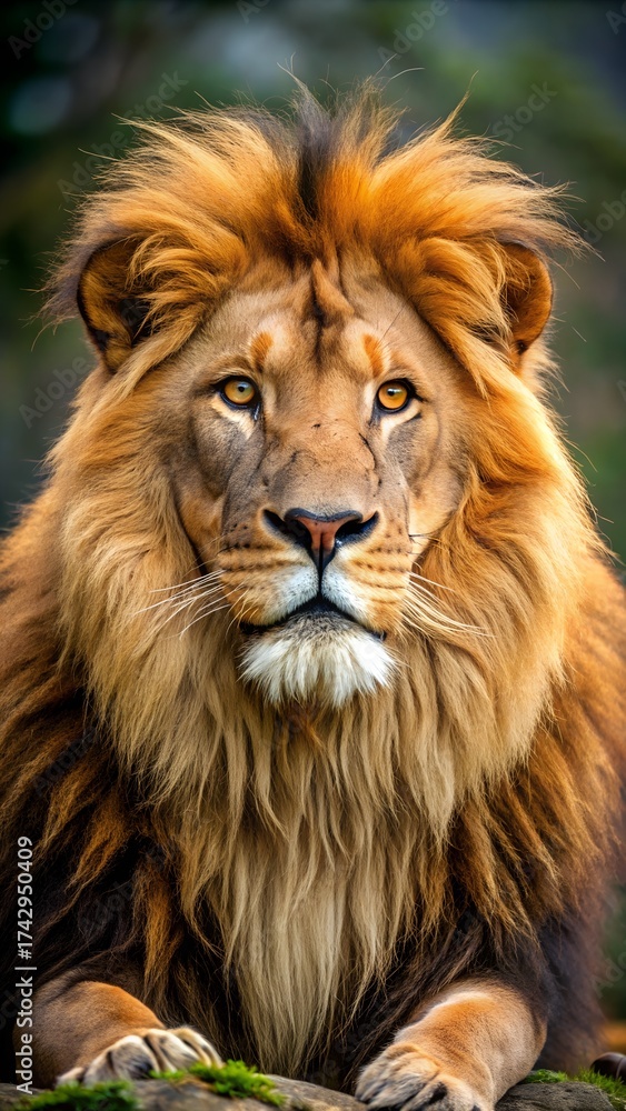 Fototapeta premium Majestic lion portrait with a striking mane, intense gaze, and powerful presence, showcasing the beauty and strength of this apex predator in nature