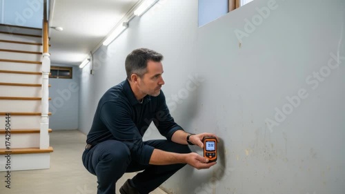 man in navy shirt and pants crouches inspecting damp basement wall with moisture meter He holds the orange and black device showing digital reading near yellow stains Stairs are visible