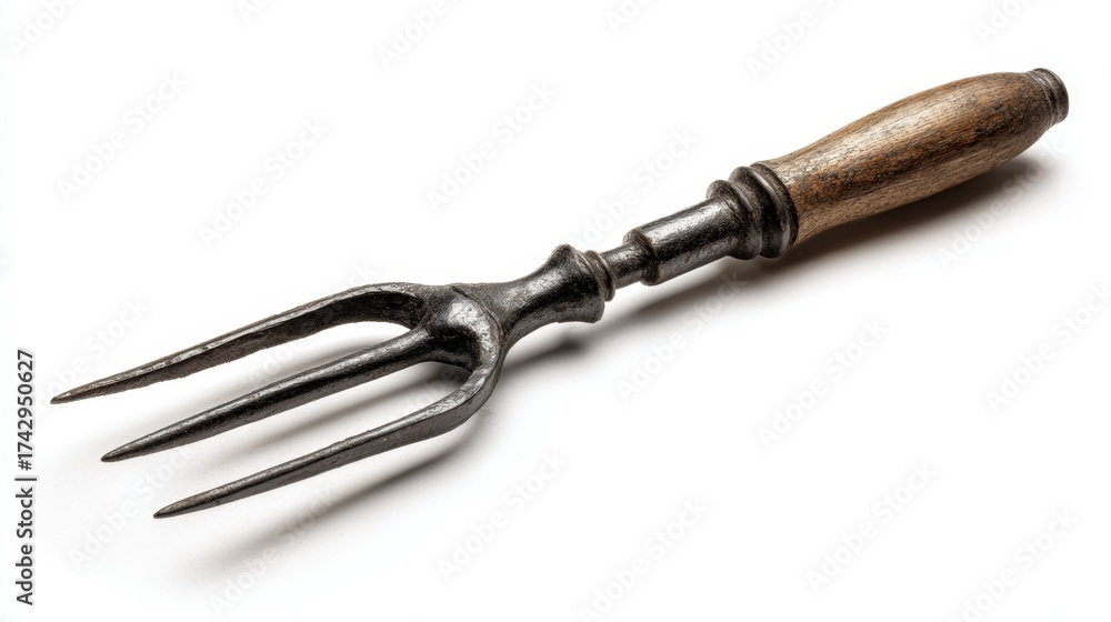 Obraz premium an antique style metal fork with multiple prongs, exhibiting signs of wear and possibly age