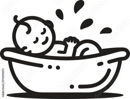Simple line drawing of a baby taking a bath in a tub