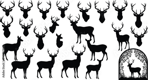 Deer silhouettes collection, antler variations, wildlife vector illustration, forest animal icons, hunting design artwork, stag profile set, decorative nature illustration