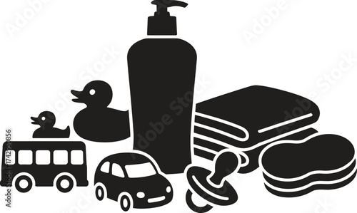 Baby bath time essentials collection isolated on white background