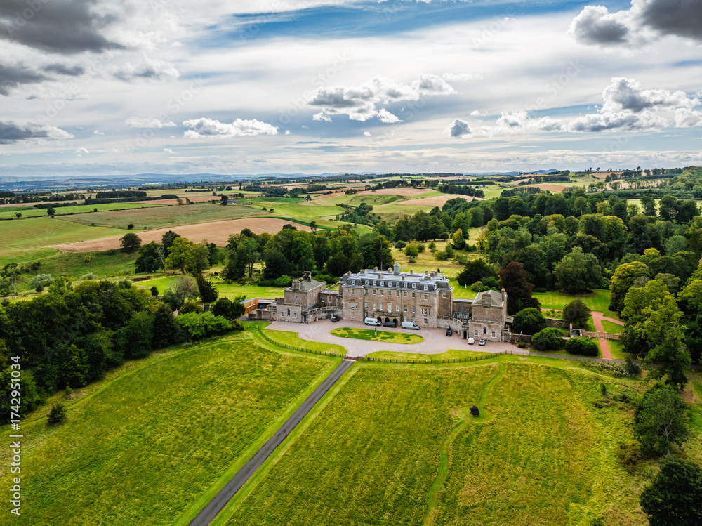 Obraz premium Marchmont House from a drone, Marchmont Estate, Greenlaw, Berwickshire, Duns, Scotland, UK
