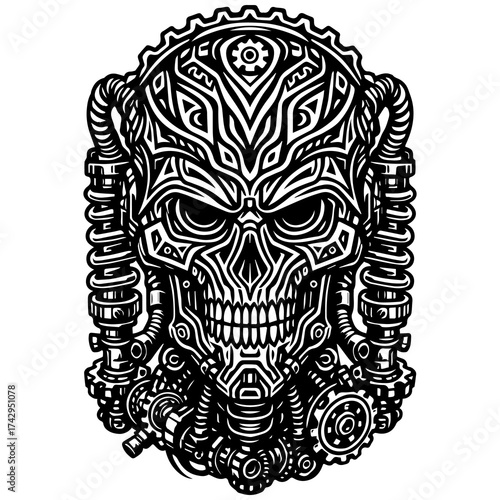 Futuristic Mechanical Skull Tribal Illustration – Cyberpunk Gear Head Design in Black and White