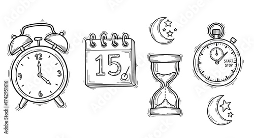 A hand-drawn collection of time-related objects in a sketch style. Includes an alarm clock, calendar, hourglass, and stopwatch icons