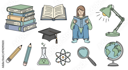 Diverse vector illustration set showcasing essential elements for learning, higher education, and scientific study, perfect for academic resources