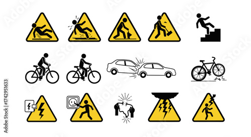 A comprehensive collection of diverse hazard warning signs and safety icons depicting potential risks and dangerous situations in various environments