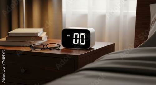 Digital alarm clock, books, glasses on bedside table, 00 AM