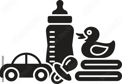 Baby care essentials collection with bottle pacifier duck and toy car