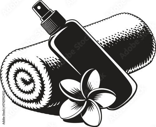 Spa essentials including a rolled towel spray bottle and flower