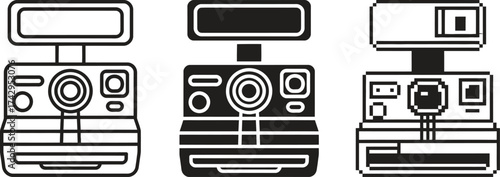 Three retro instant cameras in outline and silhouette styles