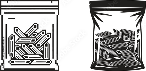 Two bags of penne pasta one outlined and one filled in