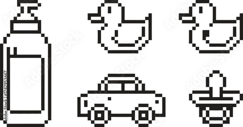 Pixel art icons of baby bath time essentials and toys
