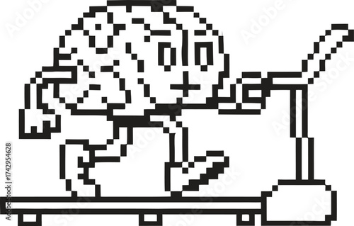 Pixelated brain character exercising on a treadmill