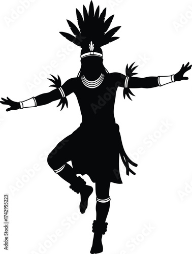 Silhouette of native american dancer with feathered headdress performing traditional ritual dance isolated on white vector