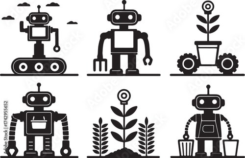 Flat black silhouette icon set for powered farming robots