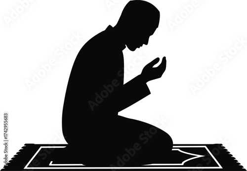 Silhouette of muslim person praying on prayer rug invoking divine blessings spiritual devotion faith worship devotion vector