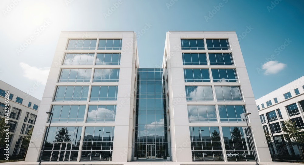 Fototapeta premium Modern white office building with reflective glass facade under blue sky