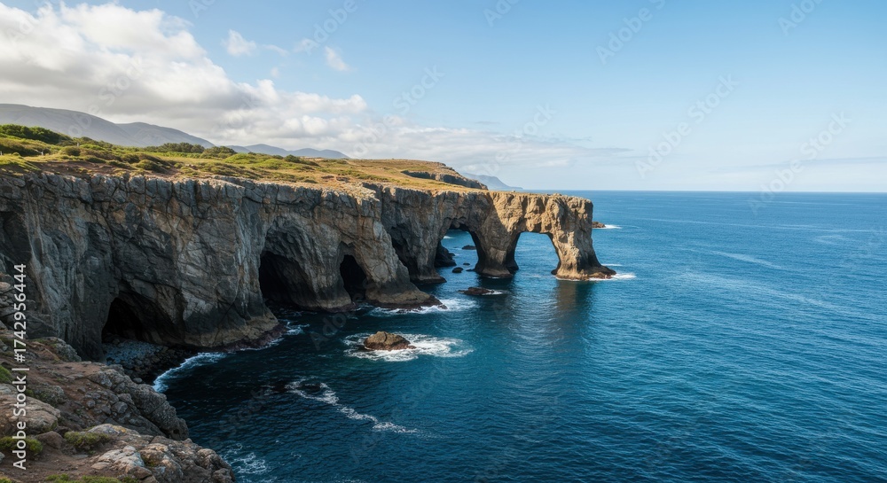 Fototapeta premium Dramatic cliffs and natural arches meet the deep blue sea in menorca, spain