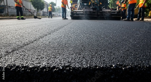 Close up of asphalt paving machine laying new asphalt on city street