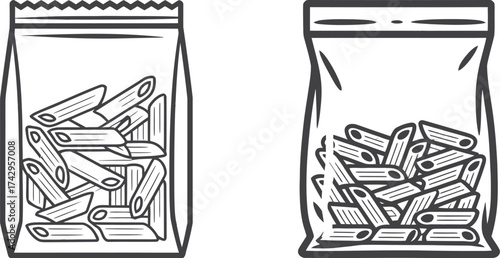 Two transparent bags filled with penne pasta in a simple line drawing style