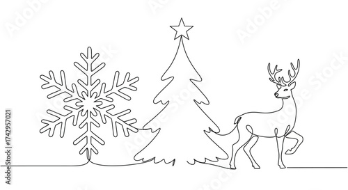 Elegant one line drawing of a Christmas scene with a reindeer, festive tree, and a snowflake. Minimalist winter holiday art concept drawn in a continuous line style