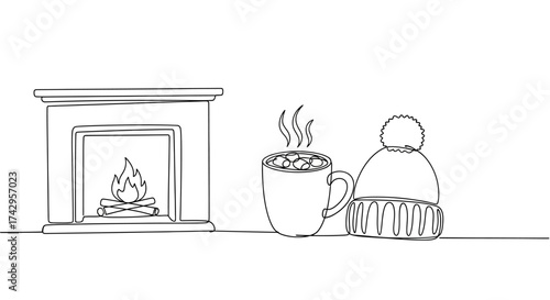 Cozy Winter Scene A Crackling Fireplace, Warm Beverage, and Knitted Hat for a Hygge Lifestyle