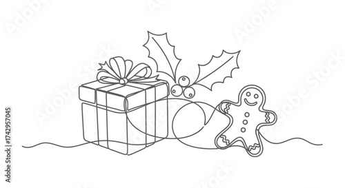 Hand-drawn continuous line art illustration of a Christmas gift box tied with a ribbon, a sprig of holly, and a gingerbread man cookie for festive holiday design