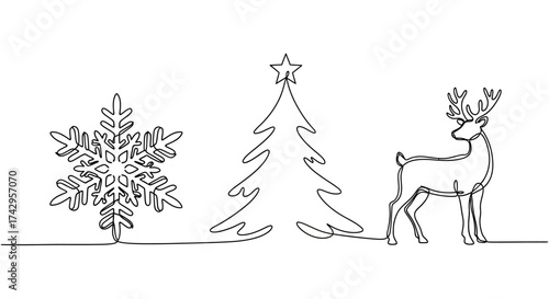 Minimalist single-line drawing capturing the festive spirit of winter holidays with a snowflake, Christmas tree, and reindeer silhouette
