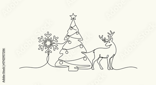 Minimalist Line Art Illustration of Christmas Elements A Festive Christmas Tree, Reindeer, and Snowflake, Holiday Season