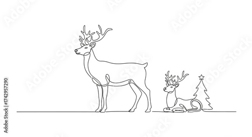 Elegant continuous line art illustration showcasing a majestic stag and a serene fawn beside a festive Christmas tree, perfect for minimalist holiday designs and winter-themed decor projects