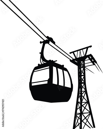 Aerial tramway gondola car suspended on cable with tower silhouette travel transportation vector