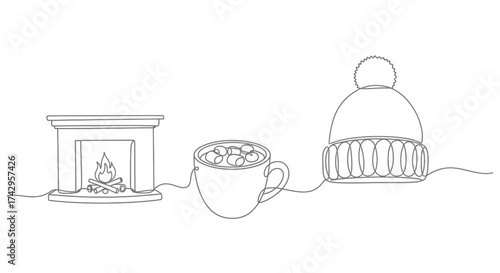 Cozy winter scene with a fireplace, a mug of hot chocolate with marshmallows, and a knitted winter hat, rendered in a minimalist continuous line art style