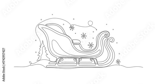 A continuous one-line drawing of a festive sleigh on a snowy landscape. A minimalist winter holiday transport concept illustration
