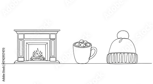 Continuous line art illustration of winter comfort a warm fireplace, a hot drink with marshmallows, and a cozy knitted hat, ideal for chilly season relaxation