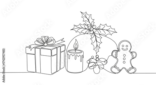 Christmas celebration still life illustration with gift box, candle, holly berry, and gingerbread man, perfect for holiday designs